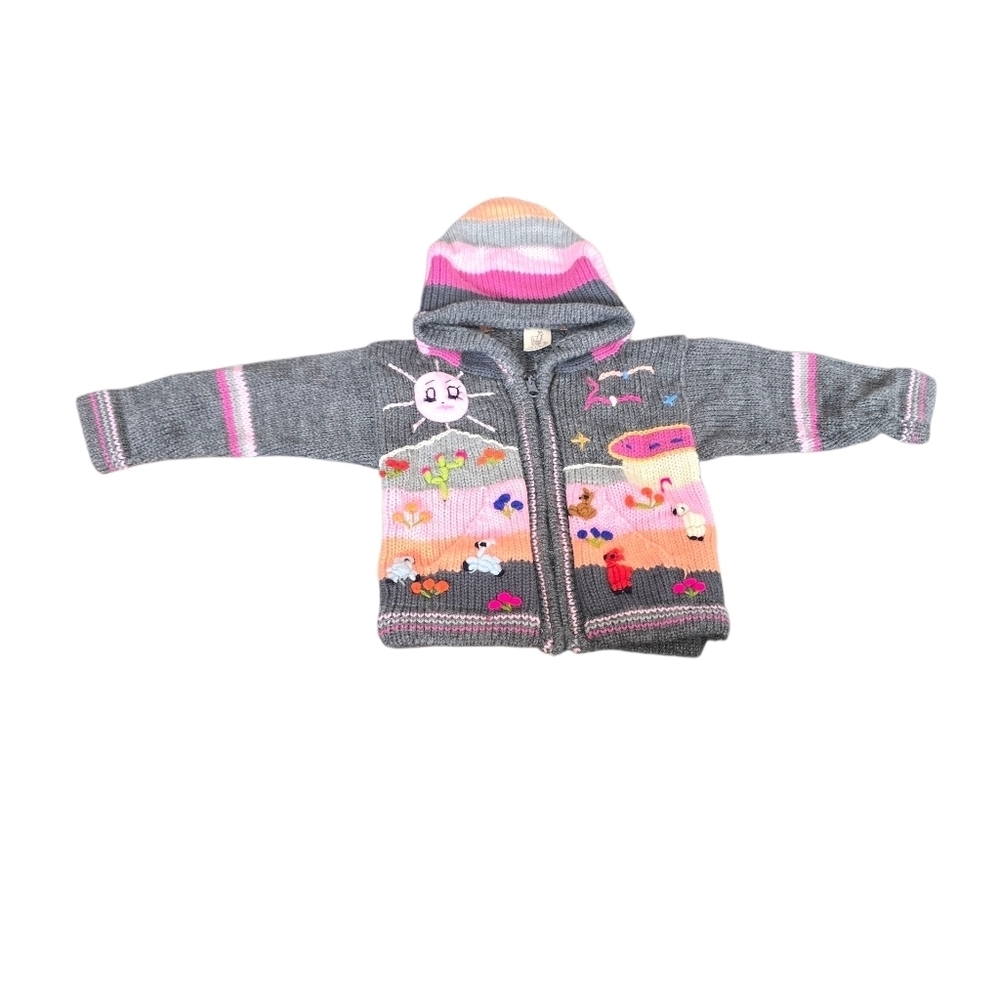 Lucy Iburg Kids Gray and Pink Sweater with Fun Patterns Full Zip Pockets Hooded
